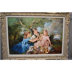 Framed oil on canvas painting featuring children at a picnic signed by artist G. Romain, 26  X 38 