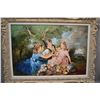Image 1 : Framed oil on canvas painting featuring children at a picnic signed by artist G. Romain, 26" X 38"