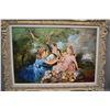 Image 1 : Framed oil on canvas painting featuring children at a picnic signed by artist G. Romain, 26" X 38"