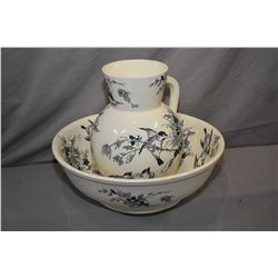 Vintage P. B & S Palawan glazed stoneware wash basin and water jug with decorative bird motif