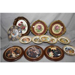 Three framed floral needleworks, three framed Norman Rockwell collector plates, six Franklin porcela