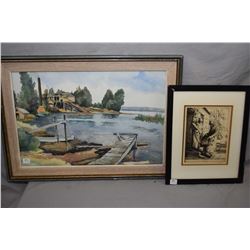 Framed vintage William Stand etching  Fruit Seller  and an unsigned watercolour of a dock scene, 13 