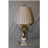 Image 1 : Vintage kitschy table lamp with hand painted metal flowers and foliage on marble base with shade