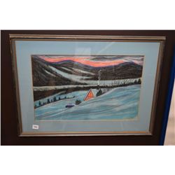 Framed original pastel on paper of a wintry cottage scene signed by artist R. R. Dunbar 1965, 12" X 