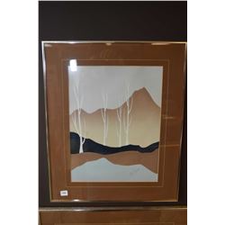 Framed original acrylic on heavy paper painting of trees and mountains signed by artist Wm. James, 1