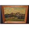 Image 1 : Framed oil on board painting of a folk art style valley farm signed by artist Mary (?), suspected to