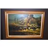 Image 1 : Large framed oil on canvas painting of buffalo hunt signed by artist Tom Sloan, 24" X 36"