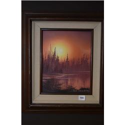 Framed oil on canvas painting of a trees and lake signed by artist David Daase 1984, 10  X 8 