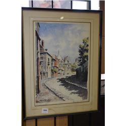 Framed original watercolour painting titled Rue de l' Abreuvior, Montemarte, signed by artist Jean R