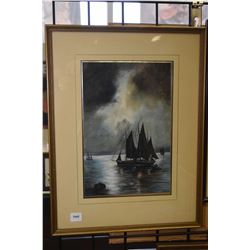 Framed original watercolour painting of sailing ship in the harbour, no signature seen, 12  X 8 