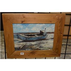 Framed oil on board painting of a fishing board signed artist A. Kuvylyk (?), 9" X 11"