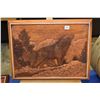 Image 1 : Simulated carved wood wall art of a wolf on a mountain scene