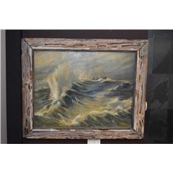 Rustic framed oil on canvas painting of a ship in a storm signed by artist Hy Porter 28" X 36"