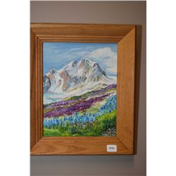 Framed oil on board painting of the Alpine Meadow in B.C, signed by Sara Cush, 10" X 8"