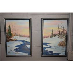 Two framed oil on board winter river scene canvass to make one larger picture, signed by artist Sole