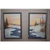 Image 1 : Two framed oil on board winter river scene canvass to make one larger picture, signed by artist Sole