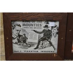 Four rustic framed prints including movies and books posters