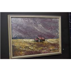 Framed acrylic on board painting of a rural setting in a storm signed by artist D. Graham, 12  X 16 