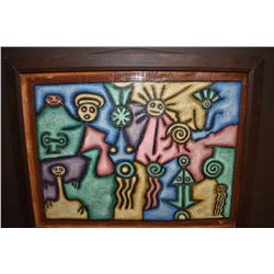 Framed acrylic on canvas stylized hieroglyphics painting signed by artist H. Florvil, 27  X 36 