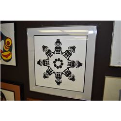 Framed black and white print titled "Secret Circles" pencil signed by artist Beau Dick '91, 69/155, 