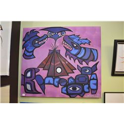 Stretcher framed acrylic on canvas painting of stylized demons around tepee signed Scott Stonechild 