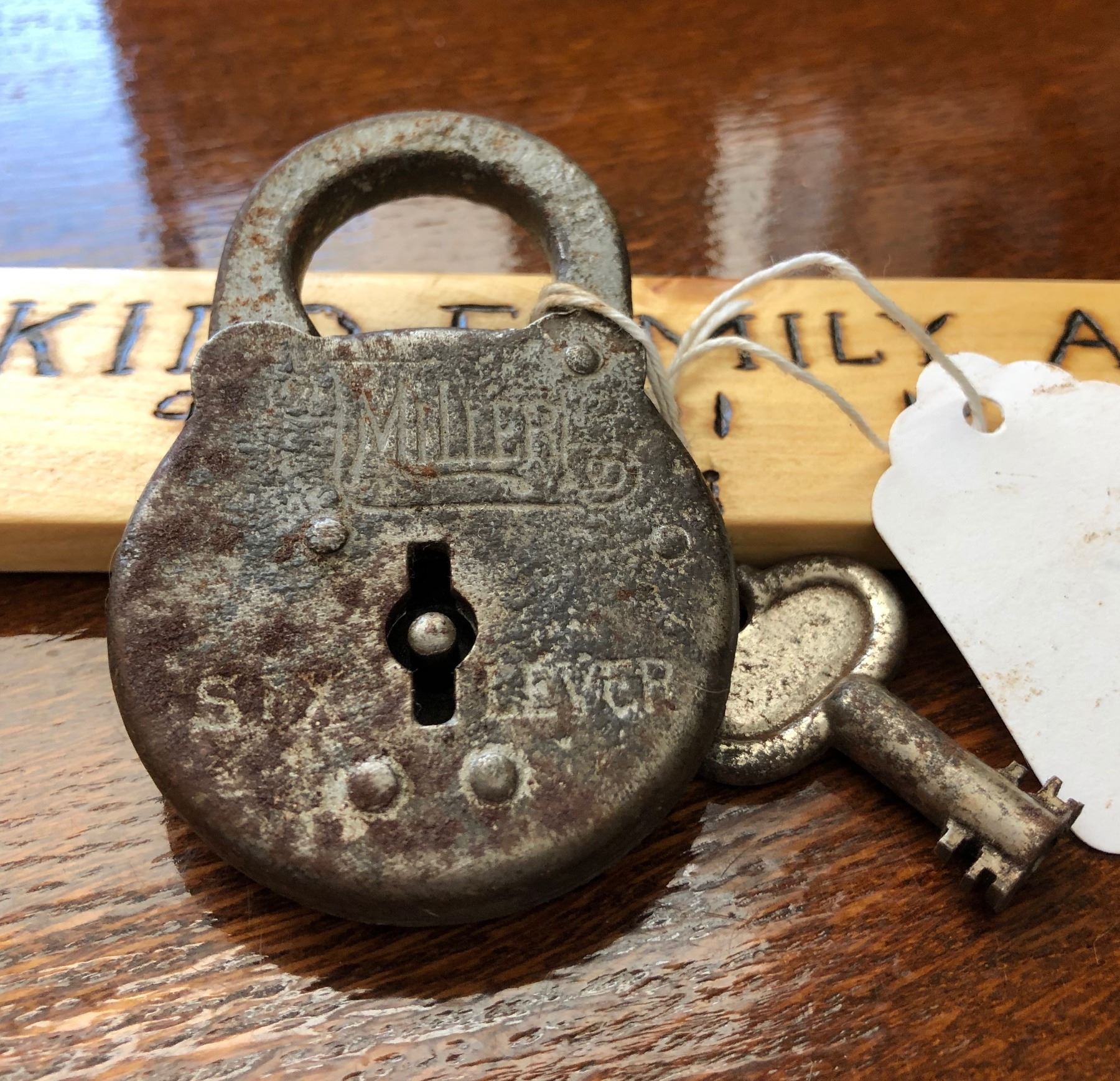 MILLER LOCK CO, PHILADELPHIA, SIX LEVER PADLOCK WITH KEY
