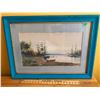 Image 1 : FRAMED WATER COLOUR, SHORELINE WITH INDIAN ENCAMPMENT" BY C. FARRELL - 12" X 22".
