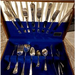 SILVER PLATE DINNER WARE, SETTING FOR 4 WITH SERVING UTENSILS AND CASE