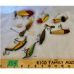 GR OF 9, ANTIQUE FISHING LURES, SOME DATED 1929