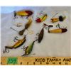 GR OF 9, ANTIQUE FISHING LURES, SOME DATED 1929