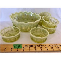 GR OF 7, OPALESCENT VASELINE GLASS SERVING SET