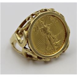1987 $5 GOLD EAGLE BU IN 14 K RING