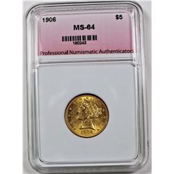 1906 $5 LIBERTY GOLD PNA