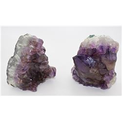 LOT OF TWO AMETHYST CRYSTALS ON WOOD DISPLAY