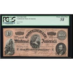 1864 $100 Confederate States of America Note PCGS 58