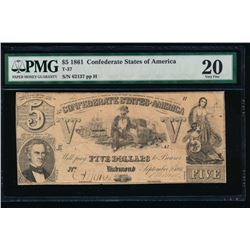 1861 $5 Confederate States of America Note PMG 20
