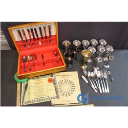 Lot of E.P. Brass Cups and Silverware W/ Case and Other Cups
