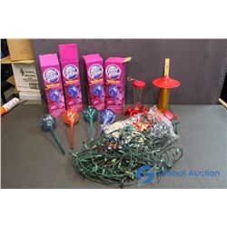 4 Water Globes, 2 Hummingbird Feeders, Christmas Lights, etc