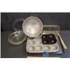 Image 1 : 3 Glass Pyrex Pie Plates, 2 Glass Pyrex Loaf Pans, 3 Muffin Tins, etc