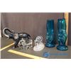 Image 2 : Ceramic Elephant, Glass Elephant & Bore & Blue Glass Vases