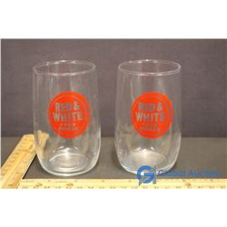 2 Red & White Food Store Glasses