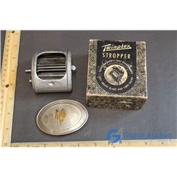 Belt Buckle (Nickel Silver) & Twinplex Stropper Double Edge Razor Blade Sharpener