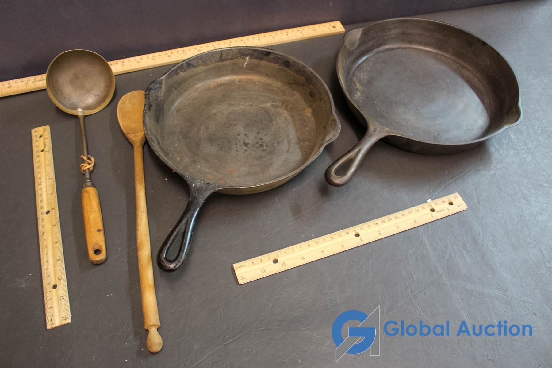 (2) Cast Iron Frying Pans, Wooden Spoon & Ladle