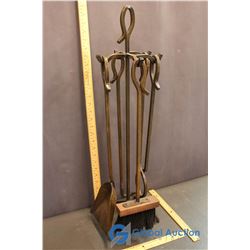 Vintage Fireplace Tool Set - Stand, Broom, Pan, Poker, Clamp