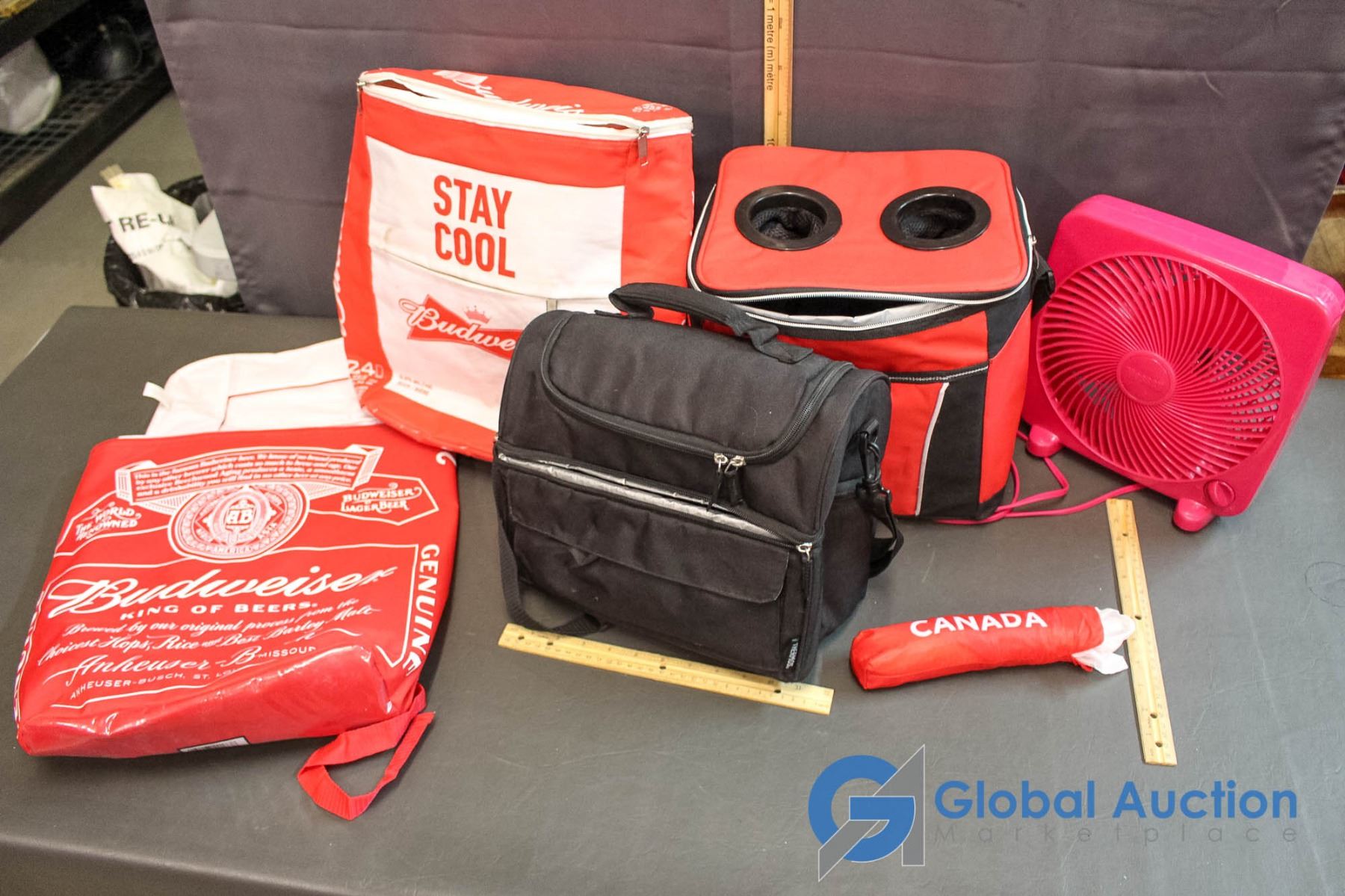 (4) Soft Sided Coolers, Canada Umbrella, and Working Fan