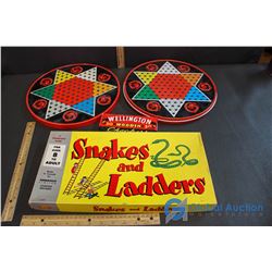 Game Boards - "Chinese Checkers with Wooden Checkers & Regular Checkers" & Vintage "Snakes & Ladders