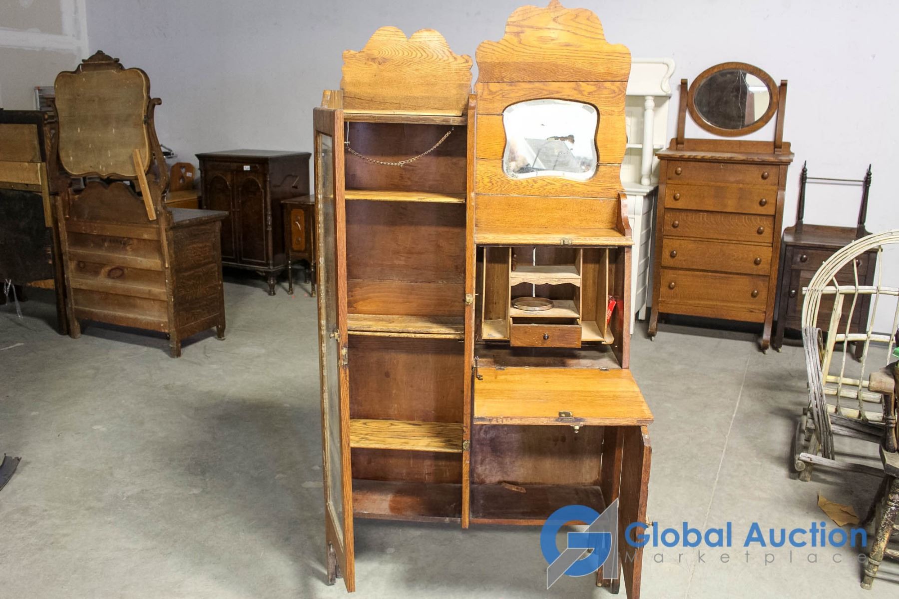 Vintage Wooden Cabinet with Glass Door Display & Mirror