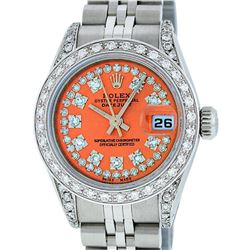 Rolex Ladies Stainless Steel 26MM Orange String Diamond Lugs Datejust Wristwatch