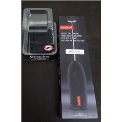 WESTCLOX LCD ALARM CLOCK AND BODUM MILK FROTHER