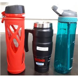 TWO WATER BOTTLES AND ONE THERMOS